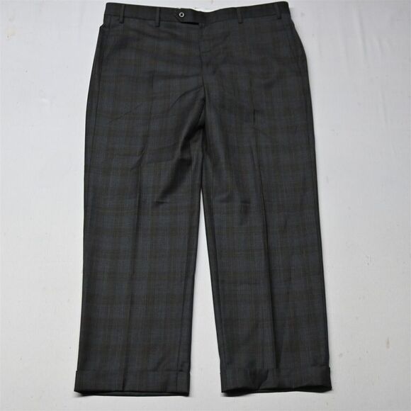 Zanella 38x30 Gray Brown Check Todd Straight‎ Cuffed 100% Wool Mens Dress Pants